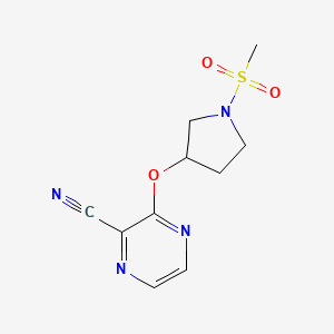 molecular formula C10H12N4O3S B2438649 3-((1-(Methylsulfonyl)pyrrolidin-3-yl)oxy)pyrazine-2-carbonitrile CAS No. 2034576-72-0