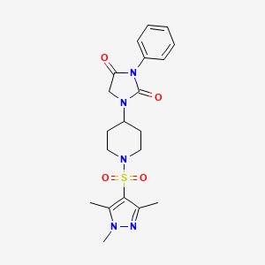 molecular formula C20H25N5O4S B2438659 3-苯基-1-(1-((1,3,5-三甲基-1H-吡唑-4-基)磺酰基)哌啶-4-基)咪唑烷-2,4-二酮 CAS No. 2034513-05-6