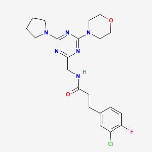 molecular formula C21H26ClFN6O2 B2438661 3-(3-chloro-4-fluorophenyl)-N-((4-morpholino-6-(pyrrolidin-1-yl)-1,3,5-triazin-2-yl)methyl)propanamide CAS No. 2034222-82-5