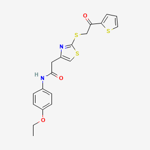 molecular formula C19H18N2O3S3 B2438667 N-(4-乙氧苯基)-2-(2-((2-氧代-2-(噻吩-2-基)乙基)硫代)噻唑-4-基)乙酰胺 CAS No. 1021113-55-2