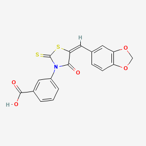 molecular formula C18H11NO5S2 B2438731 (E)-3-(5-(benzo[d][1,3]dioxol-5-ylmethylene)-4-oxo-2-thioxothiazolidin-3-yl)benzoic acid CAS No. 303027-05-6