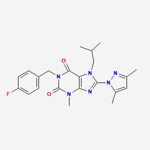 molecular formula C22H25FN6O2 B2438735 8-(3,5-dimethyl-1H-pyrazol-1-yl)-1-(4-fluorobenzyl)-7-isobutyl-3-methyl-1H-purine-2,6(3H,7H)-dione CAS No. 1014011-45-0