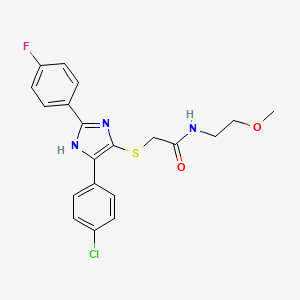 molecular formula C20H19ClFN3O2S B2438756 2-((5-(4-chlorophenyl)-2-(4-fluorophenyl)-1H-imidazol-4-yl)thio)-N-(2-methoxyethyl)acetamide CAS No. 901240-28-6