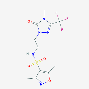 molecular formula C11H14F3N5O4S B2438794 3,5-dimethyl-N-(2-(4-methyl-5-oxo-3-(trifluoromethyl)-4,5-dihydro-1H-1,2,4-triazol-1-yl)ethyl)isoxazole-4-sulfonamide CAS No. 1421476-91-6