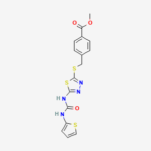 molecular formula C16H14N4O3S3 B2438836 Methyl 4-(((5-(3-(thiophen-2-yl)ureido)-1,3,4-thiadiazol-2-yl)thio)methyl)benzoate CAS No. 1002041-83-9