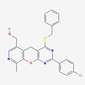 molecular formula C25H20ClN3O2S B2438883 [7-(Benzylsulfanyl)-5-(4-chlorophenyl)-14-methyl-2-oxa-4,6,13-triazatricyclo[8.4.0.0^{3,8}]tetradeca-1(10),3(8),4,6,11,13-hexaen-11-yl]methanol CAS No. 892383-65-2