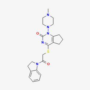 molecular formula C22H27N5O2S B2439092 4-((2-(indolin-1-yl)-2-oxoethyl)thio)-1-(4-methylpiperazin-1-yl)-6,7-dihydro-1H-cyclopenta[d]pyrimidin-2(5H)-one CAS No. 899992-96-2