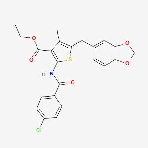 molecular formula C23H20ClNO5S B2439133 Ethyl 5-(1,3-benzodioxol-5-ylmethyl)-2-[(4-chlorobenzoyl)amino]-4-methylthiophene-3-carboxylate CAS No. 438022-63-0