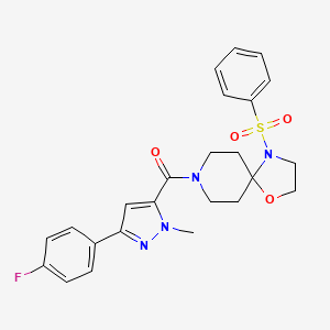 molecular formula C24H25FN4O4S B2439253 (3-(4-fluorophenyl)-1-methyl-1H-pyrazol-5-yl)(4-(phenylsulfonyl)-1-oxa-4,8-diazaspiro[4.5]decan-8-yl)methanone CAS No. 1396844-29-3