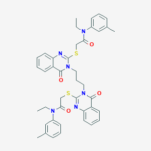molecular formula C41H42N6O4S2 B2439268 N-乙基-2-[(3-{3-[2-({[乙基(3-甲基苯基)氨基甲酰基]甲硫基)-4-氧代-3,4-二氢喹唑啉-3-基]丙基}-4-氧代-3,4-二氢喹唑啉-2-基)甲硫基]-N-(3-甲基苯基)乙酰胺 CAS No. 689766-96-9