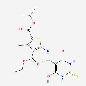 molecular formula C17H19N3O6S2 B2439284 4-乙基-2-异丙基-5-(((4,6-二氧代-2-硫代氧杂环戊二烯-5(2H)-亚甲基)甲基)氨基)-3-甲硫代吩-2,4-二羧酸酯 CAS No. 1021262-99-6