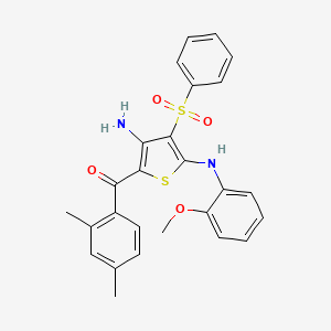 molecular formula C26H24N2O4S2 B2439339 (3-Amino-5-((2-methoxyphenyl)amino)-4-(phenylsulfonyl)thiophen-2-yl)(2,4-dimethylphenyl)methanone CAS No. 959506-62-8