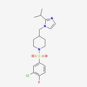 molecular formula C18H23ClFN3O2S B2439393 1-((3-chloro-4-fluorophenyl)sulfonyl)-4-((2-isopropyl-1H-imidazol-1-yl)methyl)piperidine CAS No. 1396886-68-2
