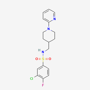 molecular formula C17H19ClFN3O2S B2439433 3-chloro-4-fluoro-N-((1-(pyridin-2-yl)piperidin-4-yl)methyl)benzenesulfonamide CAS No. 1235293-05-6