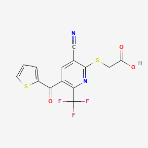 molecular formula C14H7F3N2O3S2 B2439504 2-[3-cyano-5-(thiophene-2-carbonyl)-6-(trifluoromethyl)pyridin-2-yl]sulfanylacetic Acid CAS No. 851879-11-3