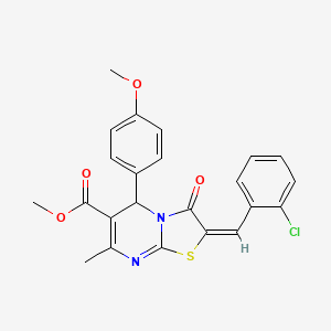 molecular formula C23H19ClN2O4S B2439550 (E)-methyl 2-(2-chlorobenzylidene)-5-(4-methoxyphenyl)-7-methyl-3-oxo-3,5-dihydro-2H-thiazolo[3,2-a]pyrimidine-6-carboxylate CAS No. 300377-24-6