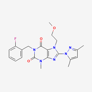 molecular formula C21H23FN6O3 B2439551 8-(3,5-二甲基-1H-吡唑-1-基)-1-(2-氟苄基)-7-(2-甲氧基乙基)-3-甲基-1H-嘌呤-2,6(3H,7H)-二酮 CAS No. 1014031-81-2