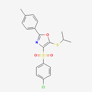 molecular formula C19H18ClNO3S2 B2439563 4-((4-Chlorophenyl)sulfonyl)-5-(isopropylthio)-2-(p-tolyl)oxazole CAS No. 850926-85-1