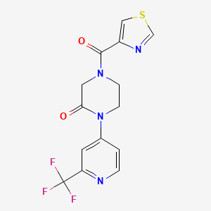 molecular formula C14H11F3N4O2S B2439609 4-(1,3-Thiazole-4-carbonyl)-1-[2-(trifluoromethyl)pyridin-4-yl]piperazin-2-one CAS No. 2380142-35-6