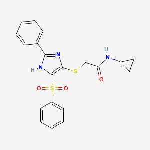 molecular formula C20H19N3O3S2 B2439677 N-环丙基-2-{[2-苯基-4-(苯磺酰基)-1H-咪唑-5-基]硫代}乙酰胺 CAS No. 736169-76-9