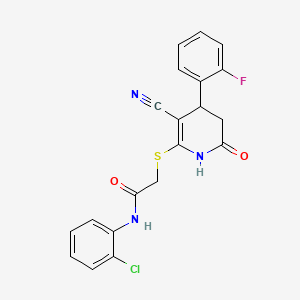 molecular formula C20H15ClFN3O2S B2439716 N-(2-chlorophenyl)-2-((3-cyano-4-(2-fluorophenyl)-6-oxo-1,4,5,6-tetrahydropyridin-2-yl)thio)acetamide CAS No. 683794-55-0