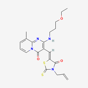 molecular formula C21H24N4O3S2 B2439751 (Z)-3-allyl-5-((2-((3-ethoxypropyl)amino)-9-methyl-4-oxo-4H-pyrido[1,2-a]pyrimidin-3-yl)methylene)-2-thioxothiazolidin-4-one CAS No. 617684-58-9