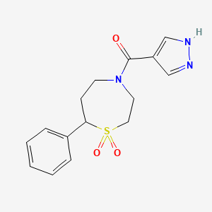 molecular formula C15H17N3O3S B2439806 (1,1-dioxido-7-phenyl-1,4-thiazepan-4-yl)(1H-pyrazol-4-yl)methanone CAS No. 2034607-70-8
