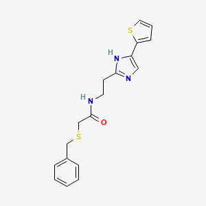 molecular formula C18H19N3OS2 B2439817 2-(benzylthio)-N-(2-(4-(thiophen-2-yl)-1H-imidazol-2-yl)ethyl)acetamide CAS No. 1396764-90-1