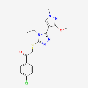 molecular formula C17H18ClN5O2S B2439992 1-(4-氯苯基)-2-((4-乙基-5-(3-甲氧基-1-甲基-1H-吡唑-4-基)-4H-1,2,4-三唑-3-基)硫代)乙酮 CAS No. 1013774-28-1
