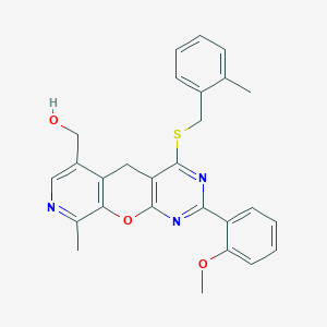 molecular formula C27H25N3O3S B2440050 [5-(2-甲氧基苯基)-14-甲基-7-{[(2-甲基苯基)甲基]硫代}-2-氧杂-4,6,13-三氮杂三环[8.4.0.0^{3,8}]十四-1(10),3(8),4,6,11,13-六烯-11-基]甲醇 CAS No. 892418-92-7