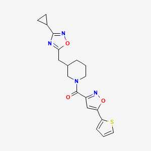 molecular formula C19H20N4O3S B2440054 (3-((3-Cyclopropyl-1,2,4-oxadiazol-5-yl)methyl)piperidin-1-yl)(5-(thiophen-2-yl)isoxazol-3-yl)methanone CAS No. 1706317-07-8