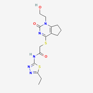 molecular formula C15H19N5O3S2 B2440093 N-(5-ethyl-1,3,4-thiadiazol-2-yl)-2-((1-(2-hydroxyethyl)-2-oxo-2,5,6,7-tetrahydro-1H-cyclopenta[d]pyrimidin-4-yl)thio)acetamide CAS No. 899977-20-9