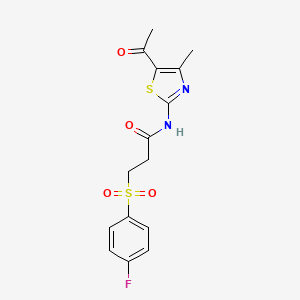 molecular formula C15H15FN2O4S2 B2440114 N-(5-乙酰基-4-甲基噻唑-2-基)-3-((4-氟苯基)磺酰基)丙酰胺 CAS No. 898437-48-4