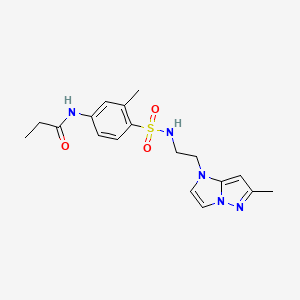 molecular formula C18H23N5O3S B2440124 N-(3-甲基-4-(N-(2-(6-甲基-1H-咪唑并[1,2-b]吡唑-1-基)乙基)磺酰胺基)苯基)丙酰胺 CAS No. 2034263-99-3