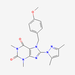 molecular formula C20H22N6O3 B2440395 8-(3,5-dimethyl-1H-pyrazol-1-yl)-7-(4-methoxybenzyl)-1,3-dimethyl-1H-purine-2,6(3H,7H)-dione CAS No. 1170543-40-4