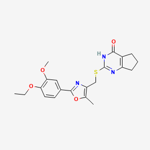 molecular formula C21H23N3O4S B2440514 2-(((2-(4-ethoxy-3-methoxyphenyl)-5-methyloxazol-4-yl)methyl)thio)-6,7-dihydro-5H-cyclopenta[d]pyrimidin-4-ol CAS No. 1040636-28-9
