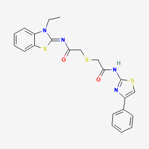 molecular formula C22H20N4O2S3 B2440641 (Z)-N-(3-ethylbenzo[d]thiazol-2(3H)-ylidene)-2-((2-oxo-2-((4-phenylthiazol-2-yl)amino)ethyl)thio)acetamide CAS No. 851717-35-6