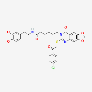molecular formula C33H34ClN3O7S B2440642 6-(6-((2-(4-chlorophenyl)-2-oxoethyl)thio)-8-oxo-[1,3]dioxolo[4,5-g]quinazolin-7(8H)-yl)-N-(3,4-dimethoxyphenethyl)hexanamide CAS No. 688061-46-3