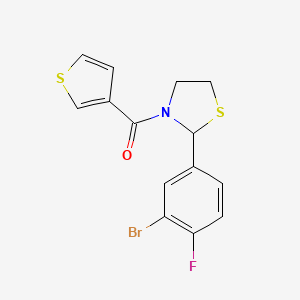 molecular formula C14H11BrFNOS2 B2440834 2-(3-Bromo-4-fluorophenyl)-3-(thiophene-3-carbonyl)-1,3-thiazolidine CAS No. 2309825-45-2