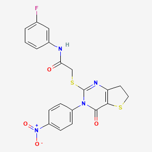 molecular formula C20H15FN4O4S2 B2440900 N-(3-fluorophenyl)-2-[[3-(4-nitrophenyl)-4-oxo-6,7-dihydrothieno[3,2-d]pyrimidin-2-yl]sulfanyl]acetamide CAS No. 687568-79-2