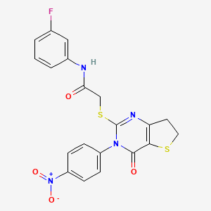 molecular formula C20H15FN4O4S2 B2440900 N-(3-fluorophenyl)-2-{[3-(4-nitrophenyl)-4-oxo-3H,4H,6H,7H-thieno[3,2-d]pyrimidin-2-yl]sulfanyl}acetamide CAS No. 687568-79-2