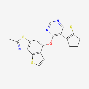 molecular formula C19H13N3OS3 B2440905 2-Methyl-5-(5,6,7-trihydrocyclopenta[2,1-d]pyrimidino[4,5-b]thiophen-4-yloxy)t hiopheno[2,3-e]benzothiazole CAS No. 670270-79-8