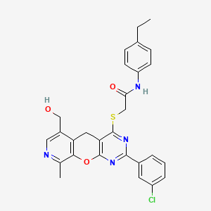 molecular formula C28H25ClN4O3S B2440966 2-((2-(3-chlorophenyl)-6-(hydroxymethyl)-9-methyl-5H-pyrido[4',3':5,6]pyrano[2,3-d]pyrimidin-4-yl)thio)-N-(4-ethylphenyl)acetamide CAS No. 892383-44-7