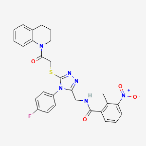 molecular formula C28H25FN6O4S B2440986 N-((5-((2-(3,4-dihydroquinolin-1(2H)-yl)-2-oxoethyl)thio)-4-(4-fluorophenyl)-4H-1,2,4-triazol-3-yl)methyl)-2-methyl-3-nitrobenzamide CAS No. 393872-88-3