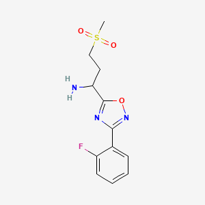 molecular formula C12H15ClFN3O3S B2440999 1-[3-(2-Fluorofenil)-1,2,4-oxadiazol-5-il]-3-(metilsulfonil)propan-1-amina CAS No. 1807977-39-4