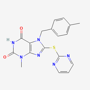 molecular formula C18H16N6O2S B2441138 3-Methyl-7-(4-methyl-benzyl)-8-(pyrimidin-2-ylsulfanyl)-3,7-dihydro-purine-2,6-dione CAS No. 673441-94-6