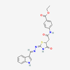 molecular formula C23H21N5O4S B2441175 ethyl 4-(2-((E)-2-((E)-((1H-indol-3-yl)methylene)hydrazono)-4-oxothiazolidin-5-yl)acetamido)benzoate CAS No. 638136-88-6