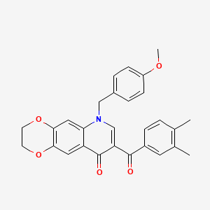 molecular formula C28H25NO5 B2441295 8-(3,4-Dimethylbenzoyl)-6-[(4-methoxyphenyl)methyl]-2,3-dihydro-[1,4]dioxino[2,3-g]quinolin-9-one CAS No. 866808-35-7