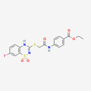 molecular formula C18H16FN3O5S2 B2441298 ethyl 4-(2-((7-fluoro-1,1-dioxido-4H-benzo[e][1,2,4]thiadiazin-3-yl)thio)acetamido)benzoate CAS No. 886955-84-6