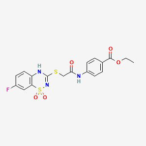 molecular formula C18H16FN3O5S2 B2441298 4-(2-((7-氟-1,1-二氧化-4H-苯并[e][1,2,4]噻二嗪-3-基)硫代)乙酰氨基)苯甲酸乙酯 CAS No. 886955-84-6